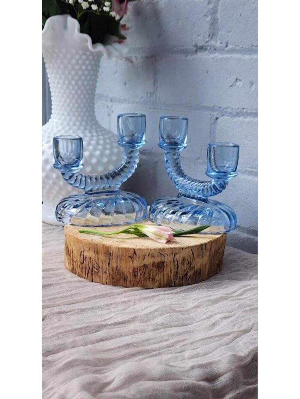 Vintage Blue Glass Double Candle Holders Set Scandinavian Style